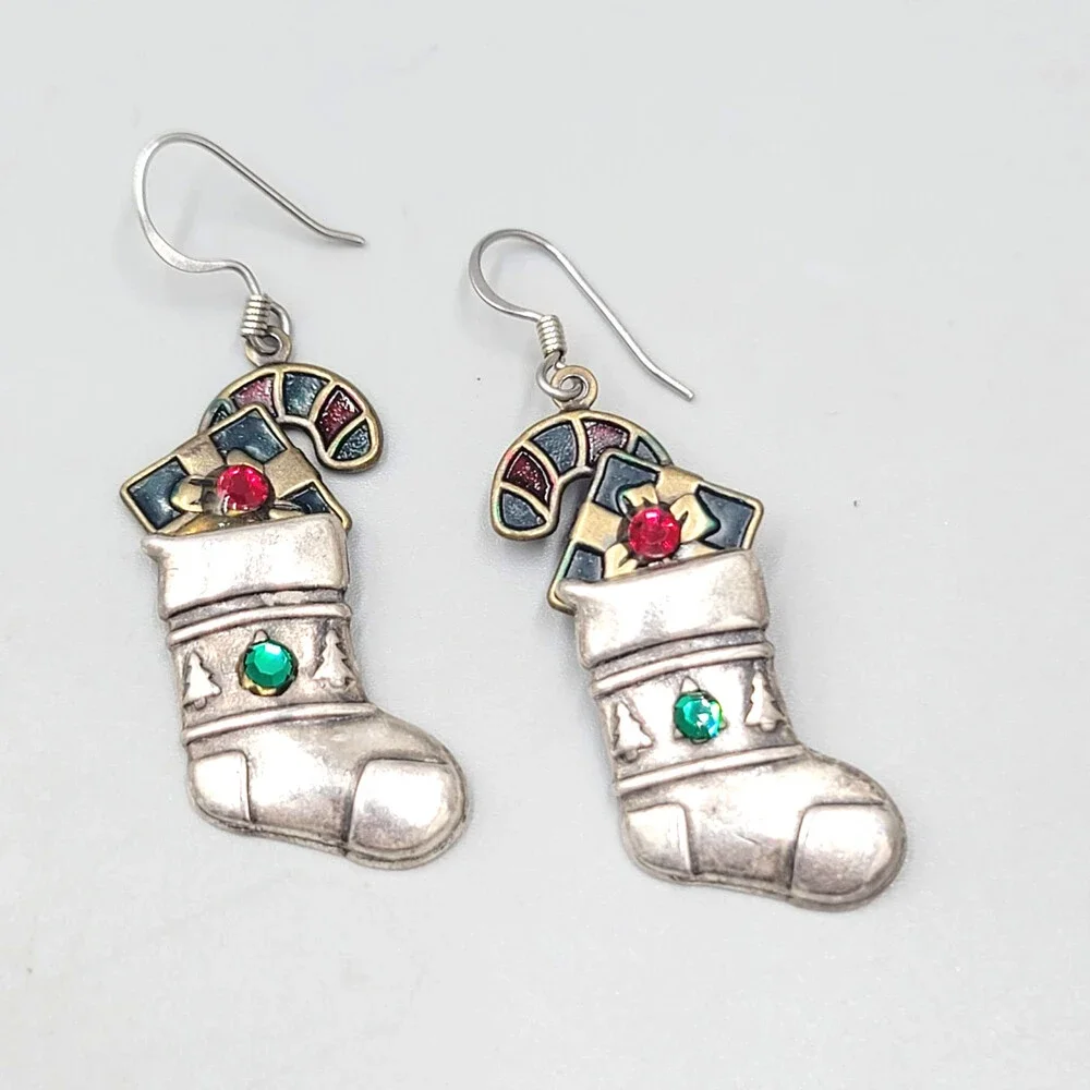 Vintage Christmas Stocking Pierced Earrings Enamel Silver tone Dangle 1 3/8" - Picture 1 of 6